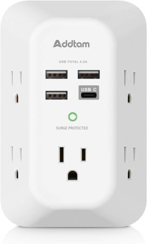 Addtam usb wall charger surge protector 5 outlet extender wi...