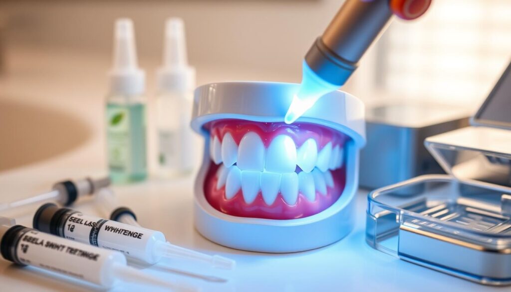 Applying whitening gel to teeth using a teeth whitening kit